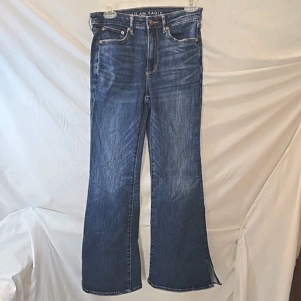 American Eagle Next Level Stretch Super Hi-Rise Flare Dark Wash Denim Jeans Sz 6